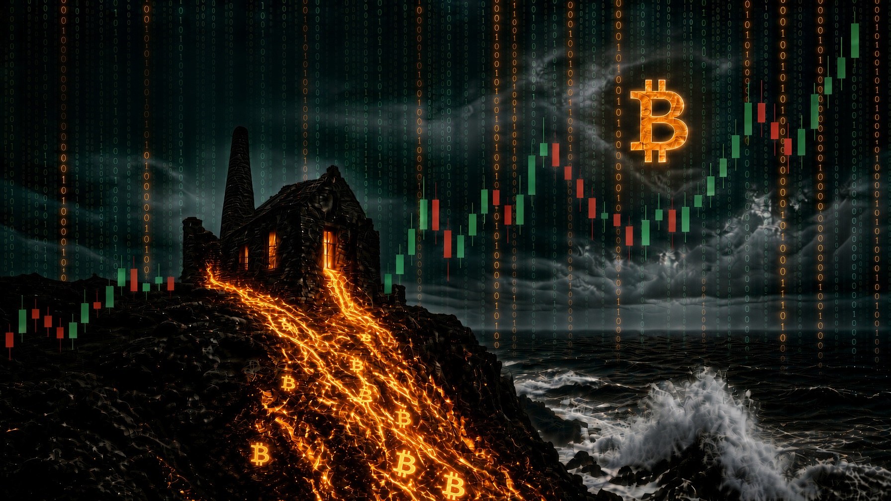 Cornish engine house on the cliff, molten Bitcoin flowing to the Atlantic, candlesticks in the sky.