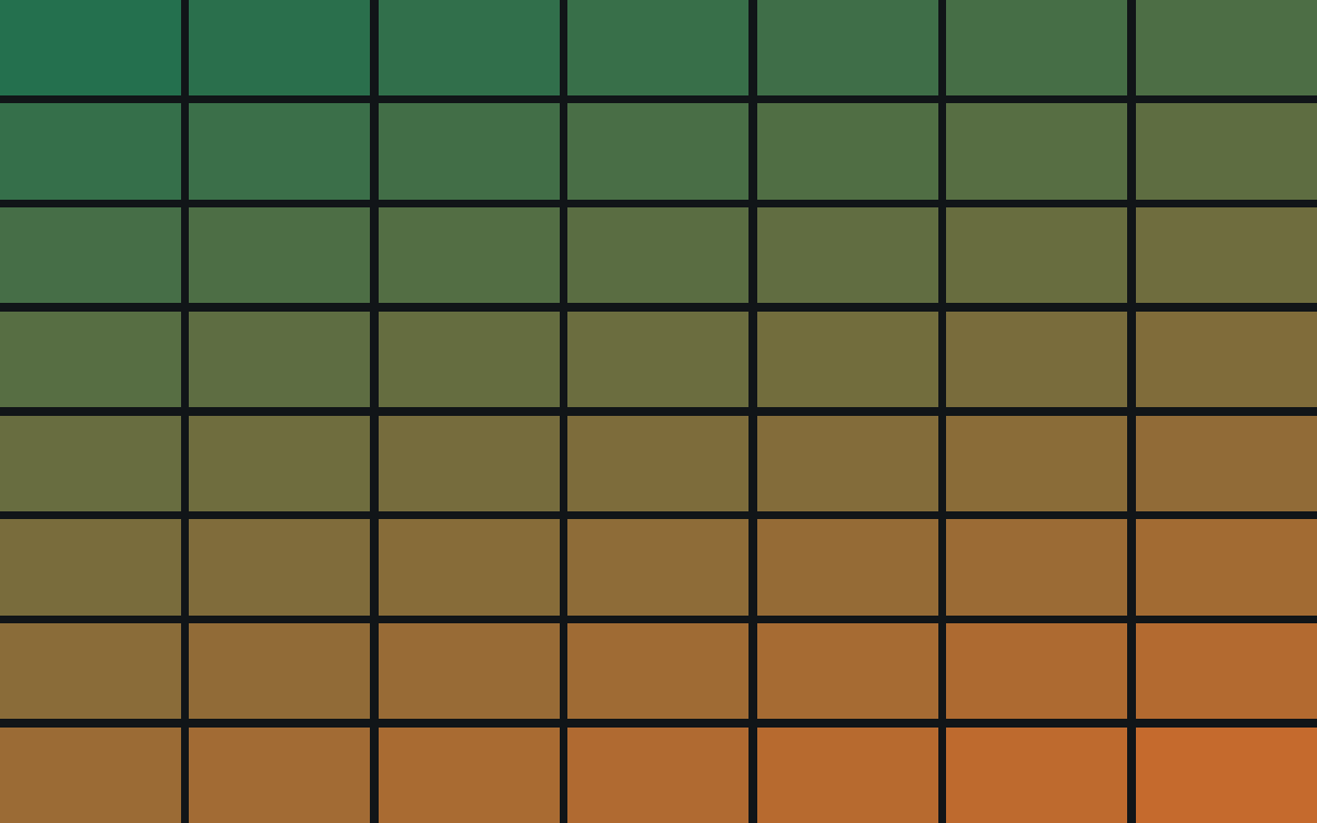 Fifty-six tiles, green through copper, filling the card with no black plate.