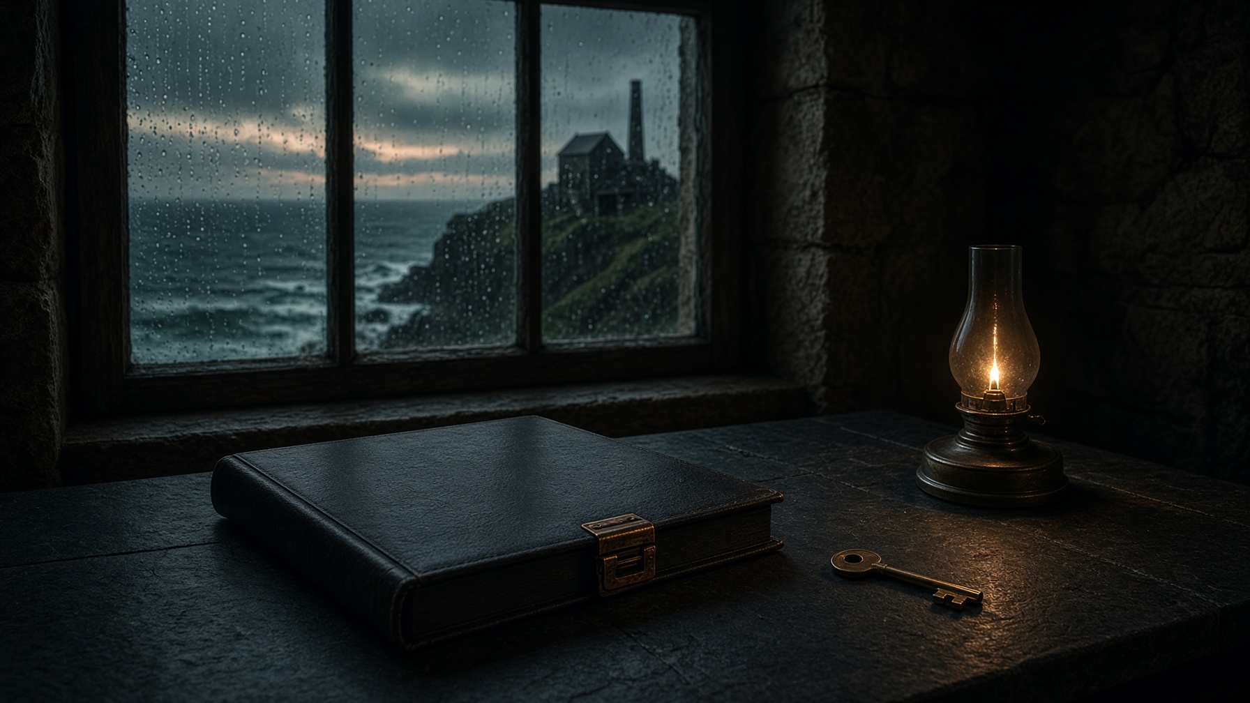 A closed leather research folio and a brass key on a slate desk, with a Cornish engine house and the Atlantic beyond the window.