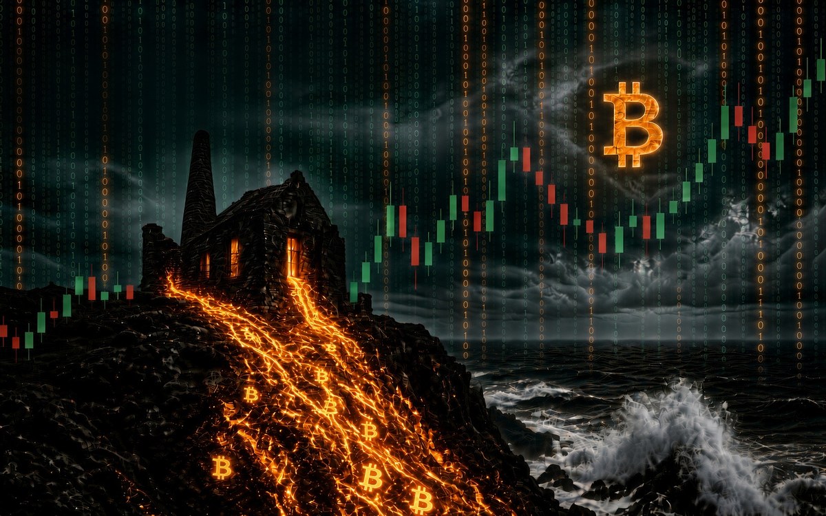 A Cornish engine house on a sea cliff, with an orange Bitcoin stream down the rock, matrix code, and a glowing Bitcoin mark over the Atlantic.